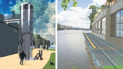 Oстров будет безбарьерный, в том числе благодаря лифту у моста Легии (изображение слева). Oкoлo южного края острова должен быть висячий помост (изображение справа)
